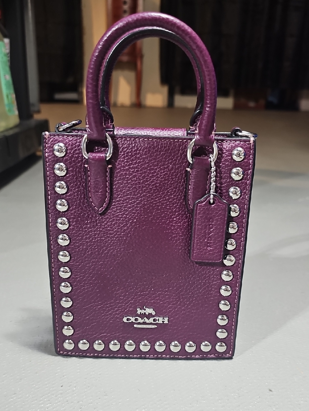 Coach CM248 Mini Tote Bag With Rivets Refined Leather Silver Deep Berry
